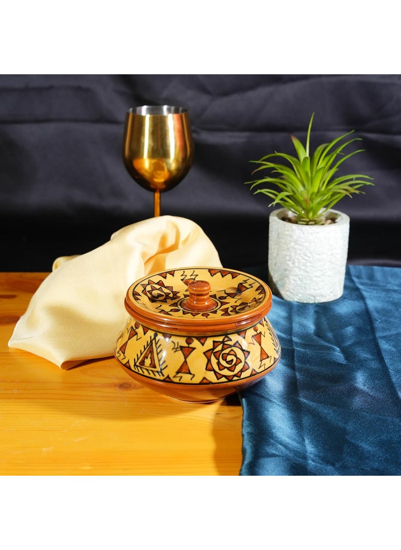Caffeine Ceramic Handmade Mustard Romani Serving Handi with Lid (Set of 1)