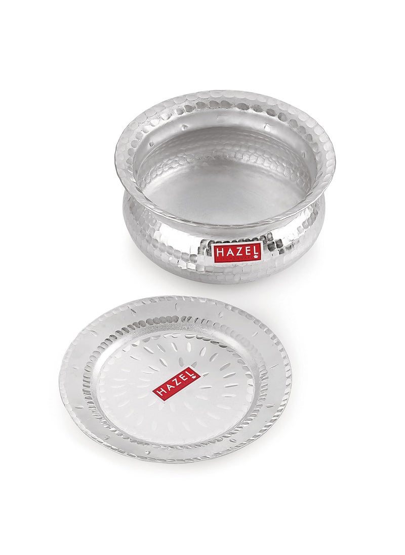 HAZEL Aluminium Hammered Finish Handi with Lid Biryani Rice Cooking Pot GOL Patiya Tope Patila Vessel, 24.5 cm, 3900 ML Silver