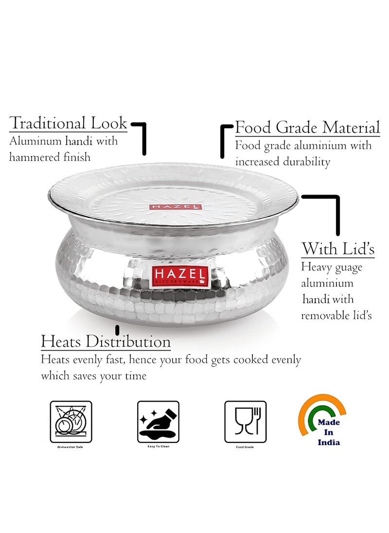 HAZEL Aluminium Hammered Finish Handi with Lid Biryani Rice Cooking Pot GOL Patiya Tope Patila Vessel, 24.5 cm, 3900 ML Silver