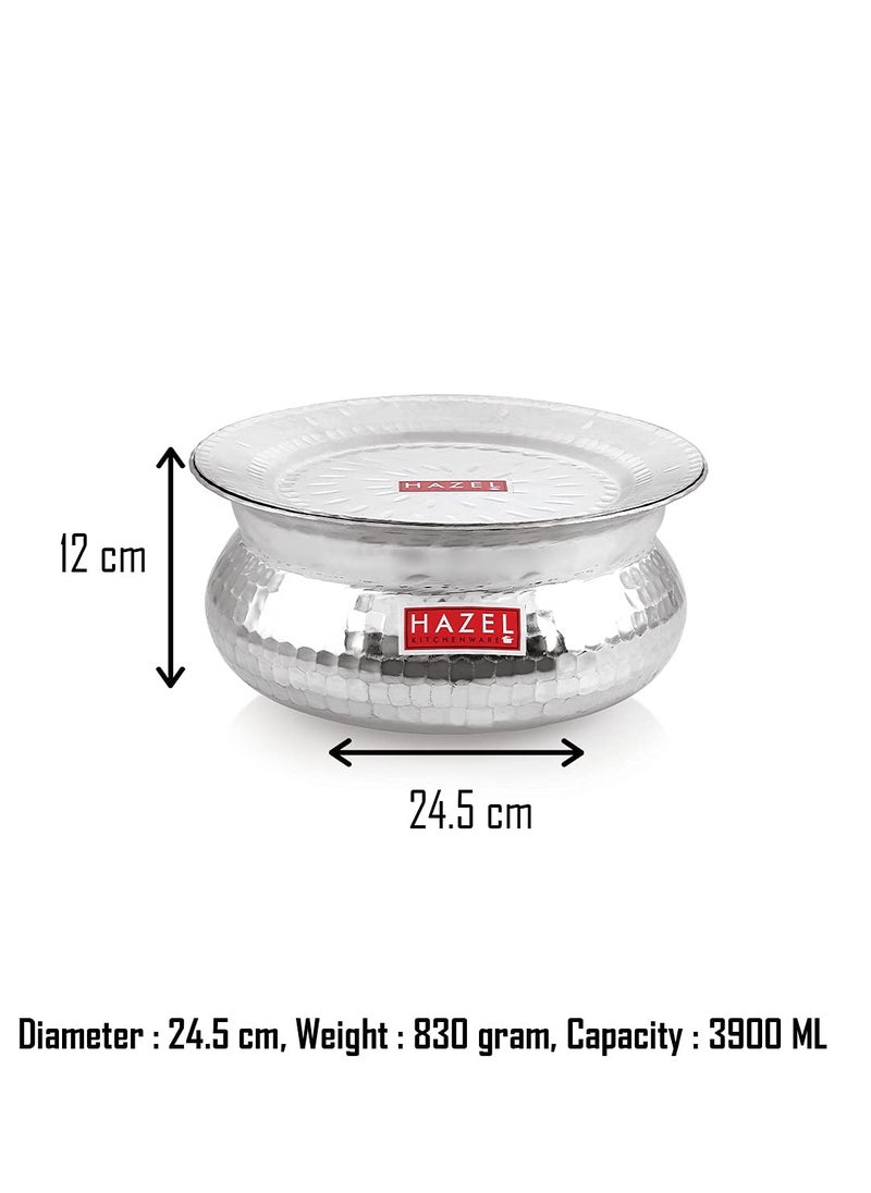 HAZEL Aluminium Hammered Finish Handi with Lid Biryani Rice Cooking Pot GOL Patiya Tope Patila Vessel, 24.5 cm, 3900 ML Silver