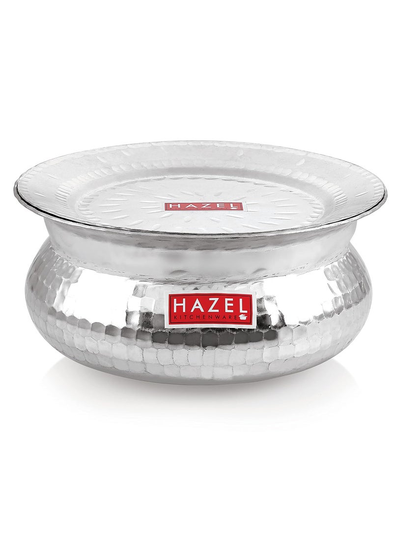 HAZEL Aluminium Hammered Finish Handi with Lid Biryani Rice Cooking Pot GOL Patiya Tope Patila Vessel, 24.5 cm, 3900 ML Silver