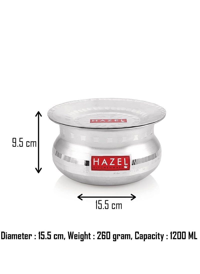 HAZEL Aluminium Handi with Lid Machine Hammered Finish Biryani Rice Cooking Pot GOL Patiya Tope Patila Vessel, 15.5 cm, 1200 ML Silver