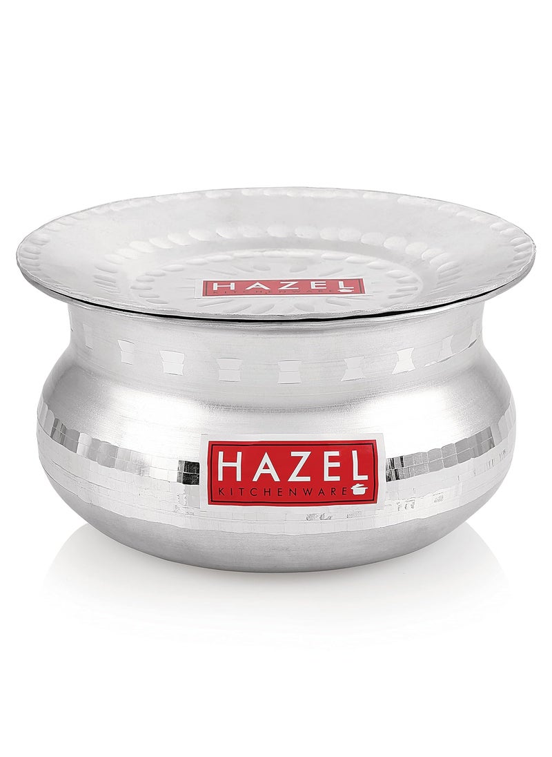 HAZEL Aluminium Handi with Lid Machine Hammered Finish Biryani Rice Cooking Pot GOL Patiya Tope Patila Vessel, 15.5 cm, 1200 ML Silver