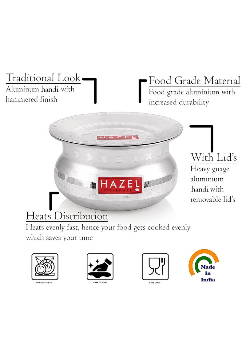 HAZEL Aluminium Handi with Lid Machine Hammered Finish Biryani Rice Cooking Pot GOL Patiya Tope Patila Vessel, 15.5 cm, 1200 ML Silver