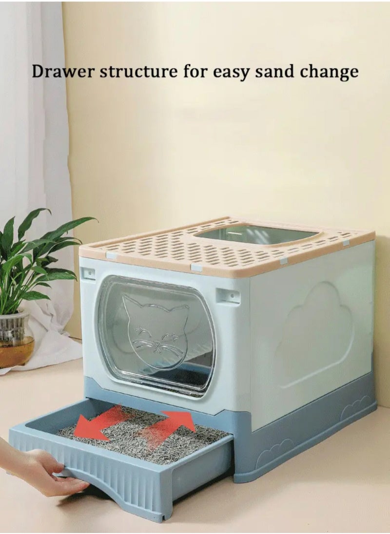Large Foldable Cat Litter Box with Lid and Kitty Litter Scoop Drawer Front Entry & Top Exit Covered Kitten Box