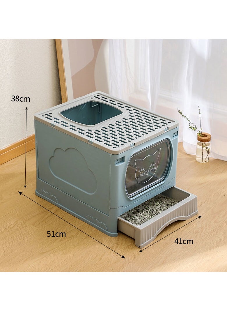 Large Foldable Cat Litter Box with Lid and Kitty Litter Scoop Drawer Front Entry & Top Exit Covered Kitten Box