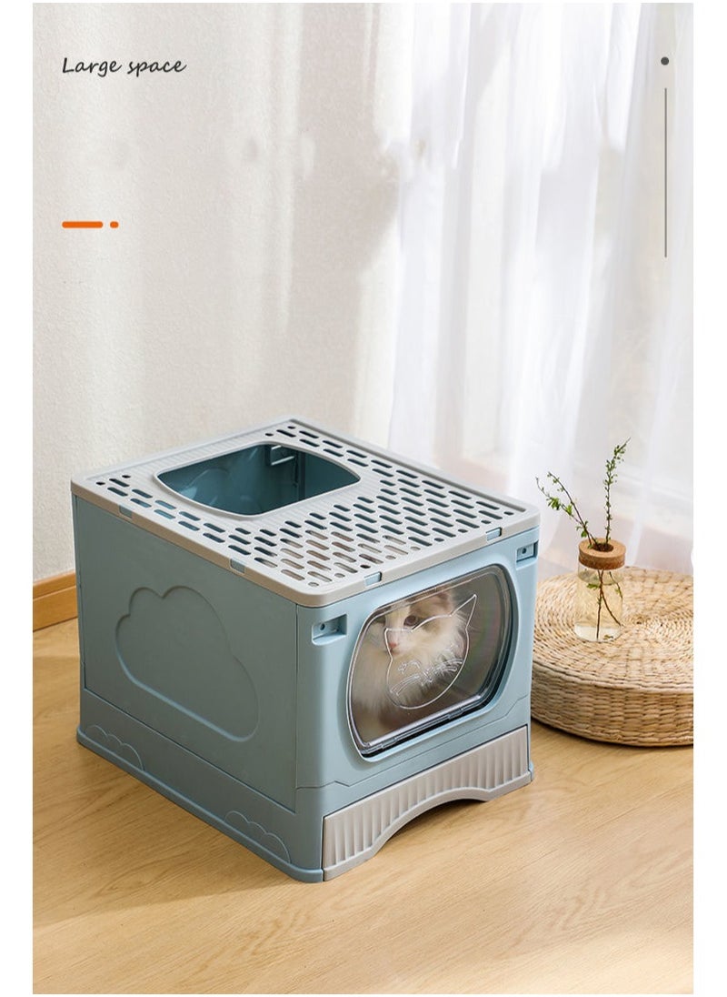 Large Foldable Cat Litter Box with Lid and Kitty Litter Scoop Drawer Front Entry & Top Exit Covered Kitten Box