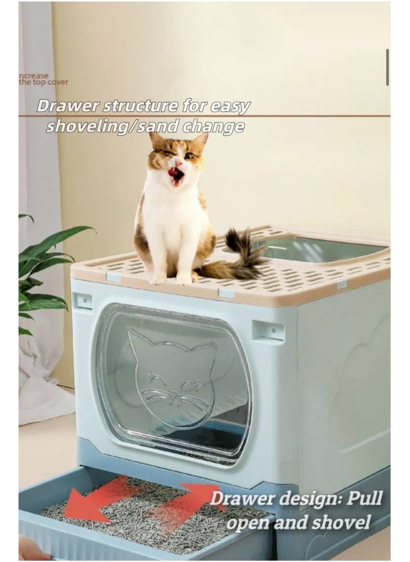 Large Foldable Cat Litter Box with Lid and Kitty Litter Scoop Drawer Front Entry & Top Exit Covered Kitten Box