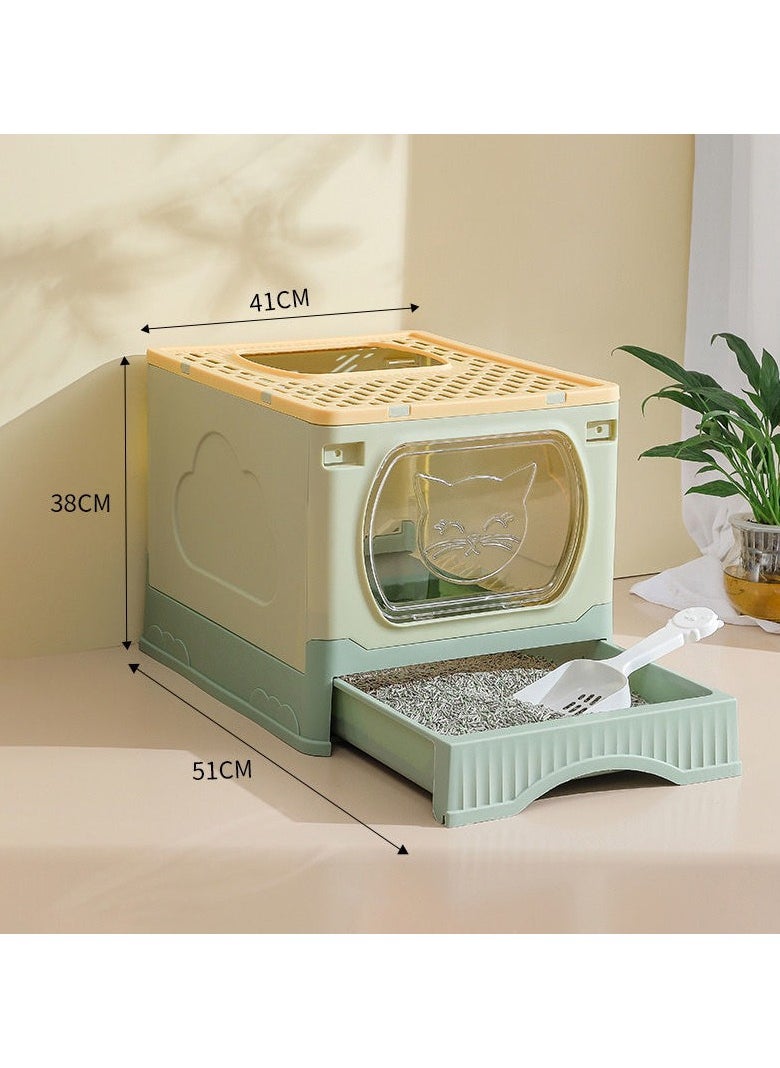Large Foldable Cat Litter Box with Lid and Kitty Litter Scoop Drawer Front Entry & Top Exit Covered Kitten Box