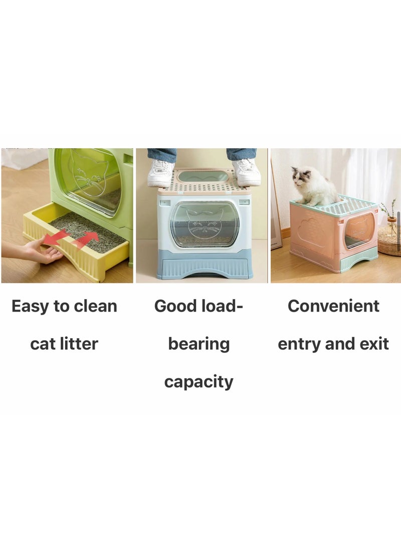 Large Foldable Cat Litter Box with Lid and Kitty Litter Scoop Drawer Front Entry & Top Exit Covered Kitten Box