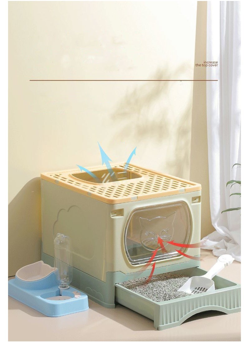 Large Foldable Cat Litter Box with Lid and Kitty Litter Scoop Drawer Front Entry & Top Exit Covered Kitten Box