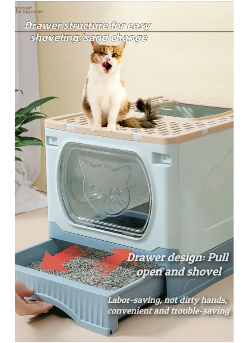 Large Foldable Cat Litter Box with Lid and Kitty Litter Scoop Drawer Front Entry & Top Exit Covered Kitten Box