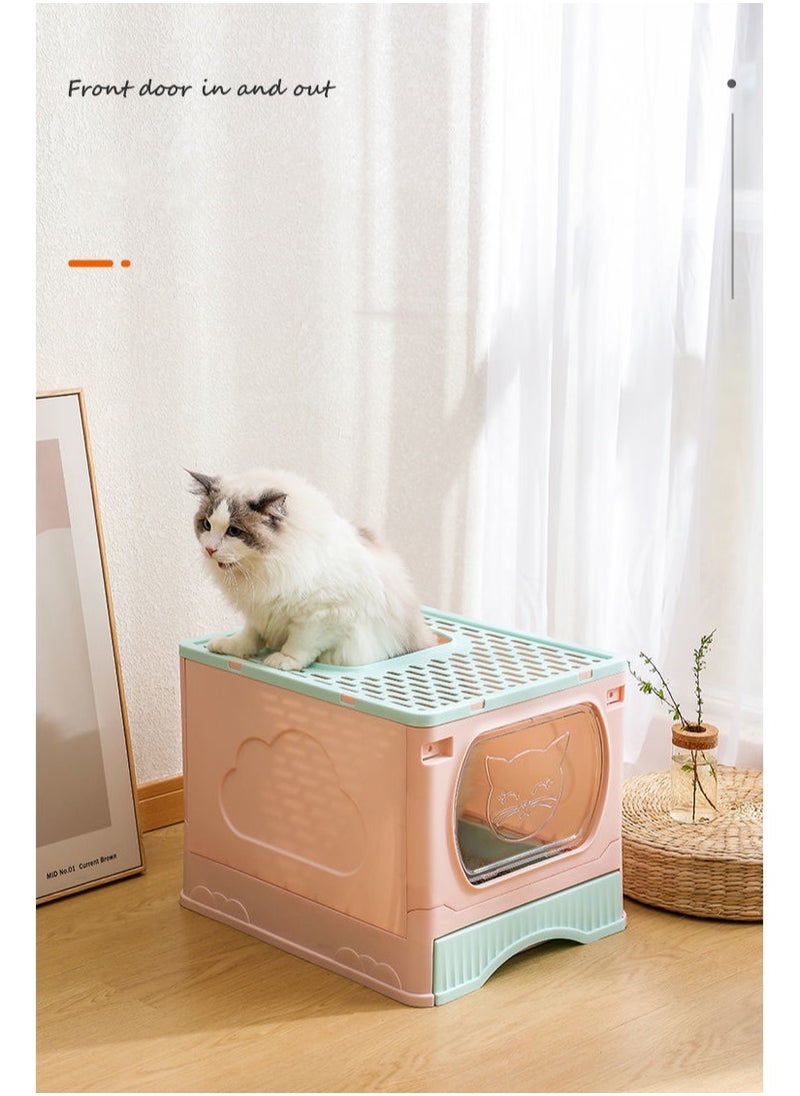 Large Foldable Cat Litter Box with Lid and Kitty Litter Scoop Drawer Front Entry & Top Exit Covered Kitten Box