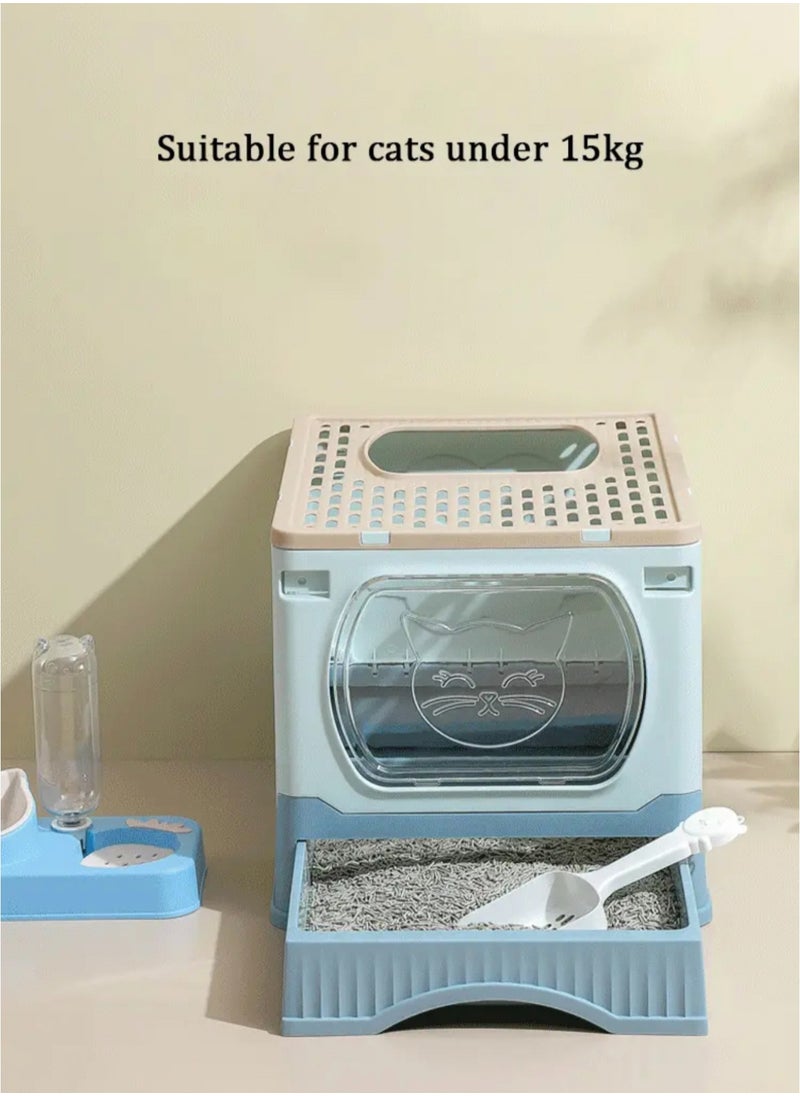 Large Foldable Cat Litter Box with Lid and Kitty Litter Scoop Drawer Front Entry & Top Exit Covered Kitten Box
