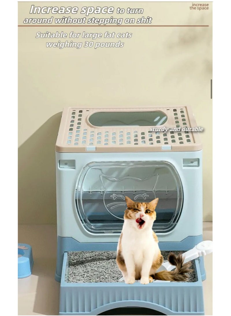 Large Foldable Cat Litter Box with Lid and Kitty Litter Scoop Drawer Front Entry & Top Exit Covered Kitten Box