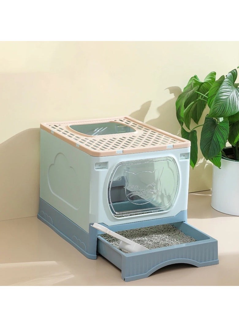 Large Foldable Cat Litter Box with Lid and Kitty Litter Scoop Drawer Front Entry & Top Exit Covered Kitten Box