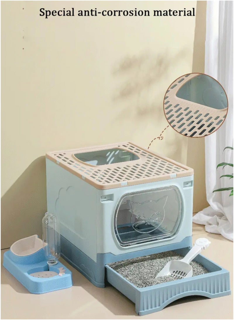 Large Foldable Cat Litter Box with Lid and Kitty Litter Scoop Drawer Front Entry & Top Exit Covered Kitten Box