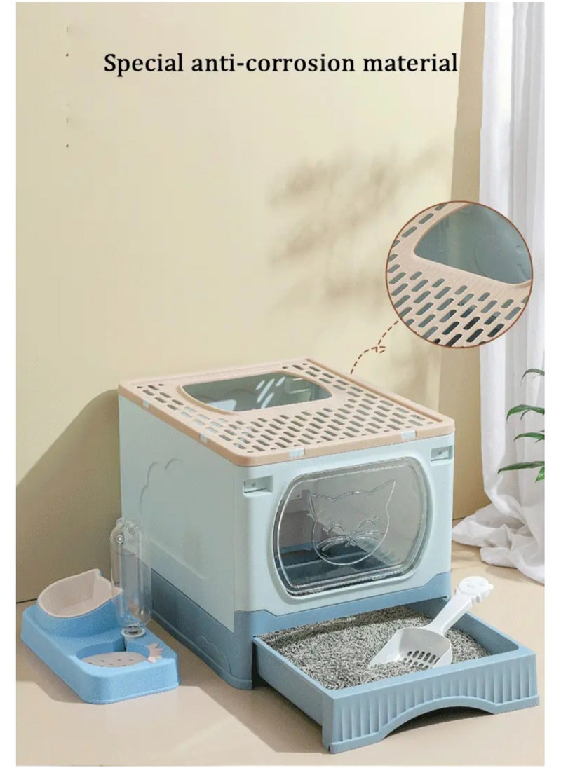Large Foldable Cat Litter Box with Lid and Kitty Litter Scoop Drawer Front Entry & Top Exit Covered Kitten Box