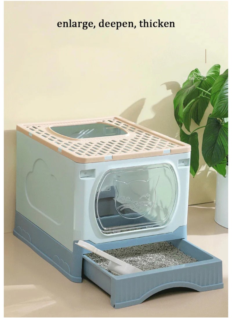 Large Foldable Cat Litter Box with Lid and Kitty Litter Scoop Drawer Front Entry & Top Exit Covered Kitten Box