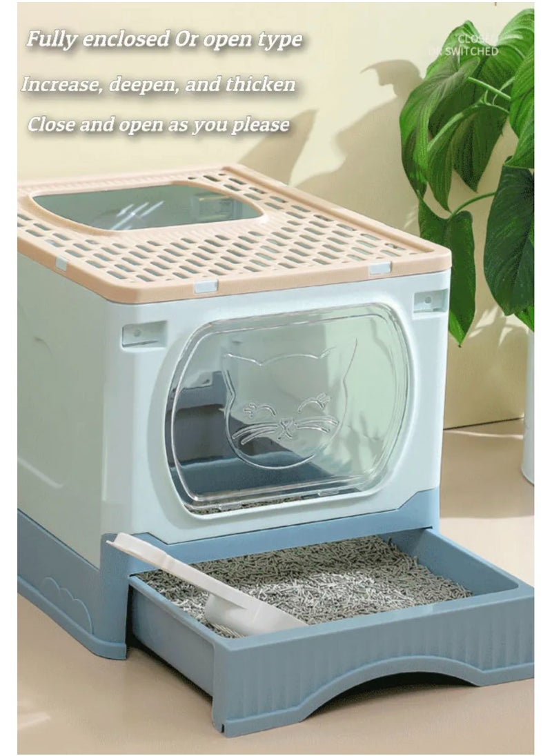 Large Foldable Cat Litter Box with Lid and Kitty Litter Scoop Drawer Front Entry & Top Exit Covered Kitten Box