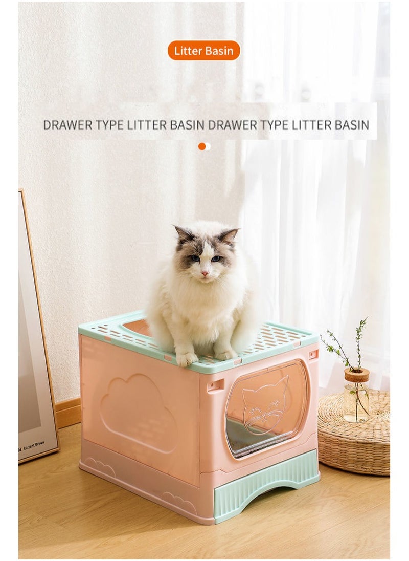 Large Foldable Cat Litter Box with Lid and Kitty Litter Scoop Drawer Front Entry & Top Exit Covered Kitten Box