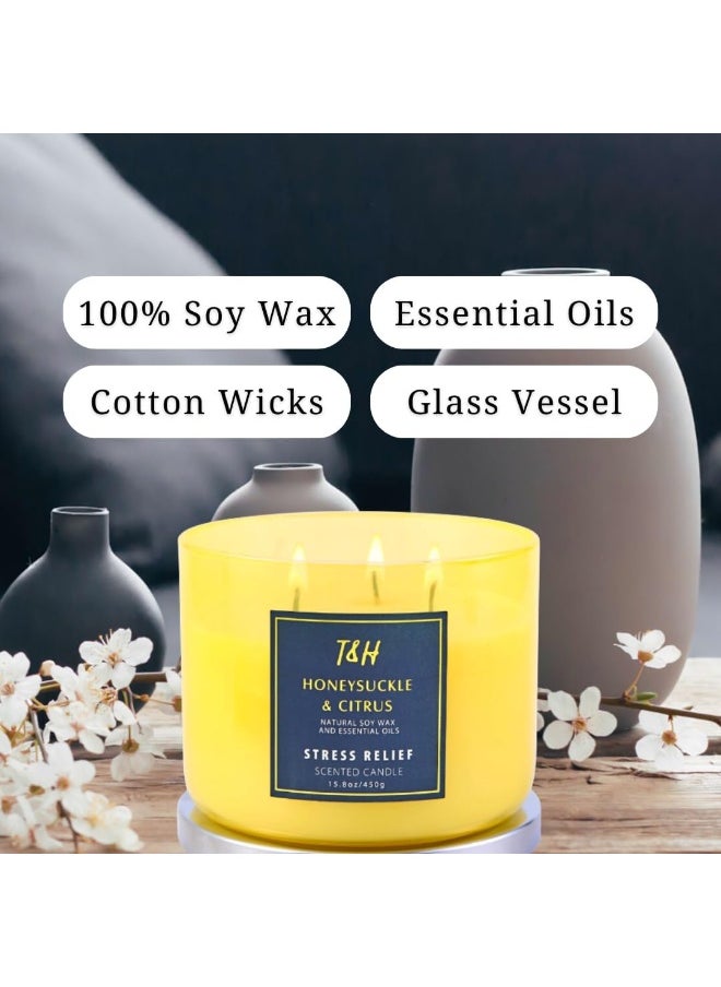 T&H Large 3-Wick Aromatherapy Scented Candles for Home - Honeysuckle Citrus Stress Relief Candle with Grapefruit & Mint - Natural Soy Candles Clean Burning - Relaxing Candle for Women & Men