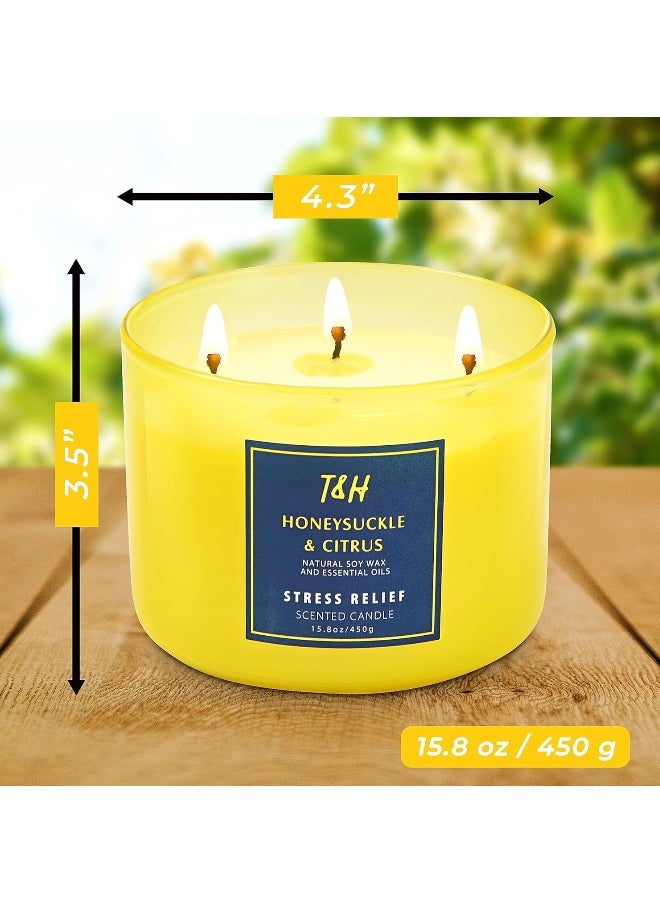 T&H Large 3-Wick Aromatherapy Scented Candles for Home - Honeysuckle Citrus Stress Relief Candle with Grapefruit & Mint - Natural Soy Candles Clean Burning - Relaxing Candle for Women & Men