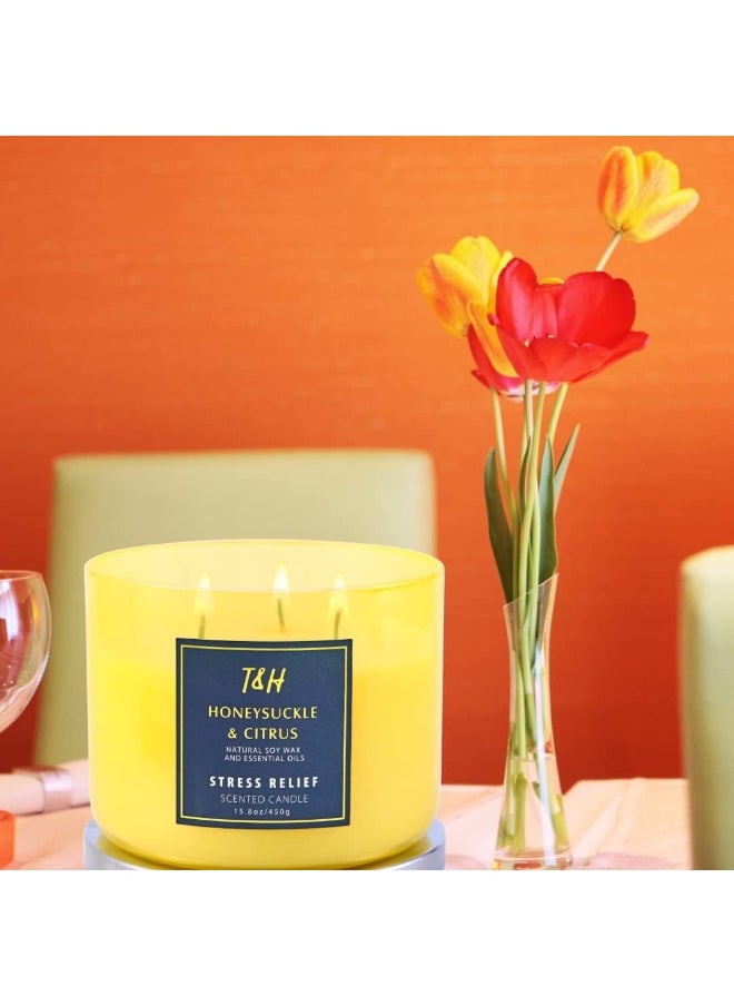 T&H Large 3-Wick Aromatherapy Scented Candles for Home - Honeysuckle Citrus Stress Relief Candle with Grapefruit & Mint - Natural Soy Candles Clean Burning - Relaxing Candle for Women & Men