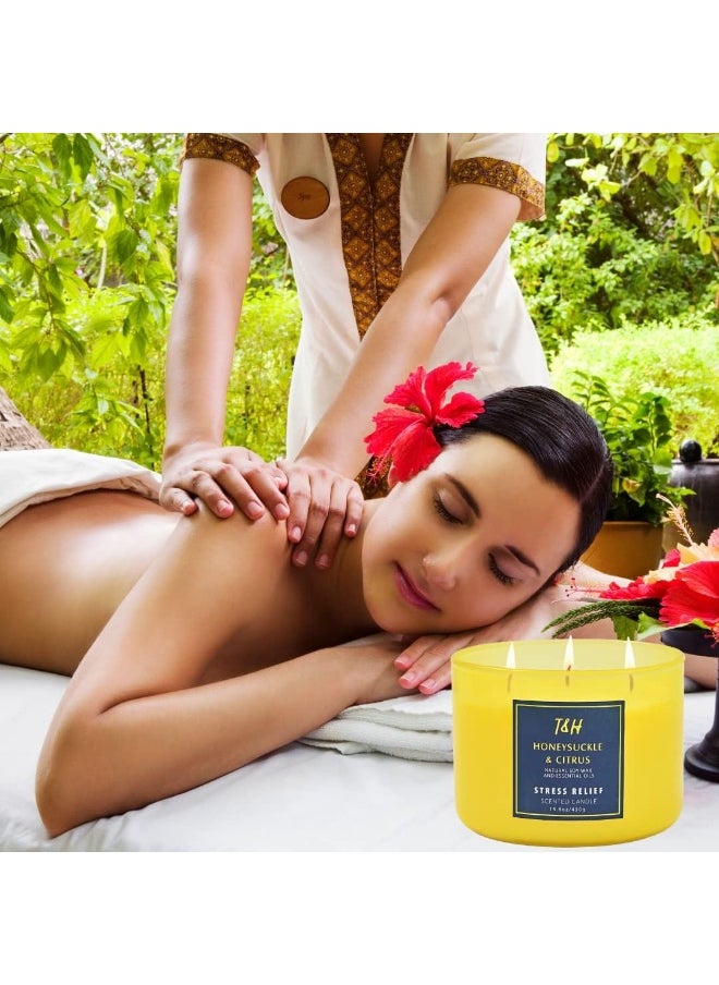 T&H Large 3-Wick Aromatherapy Scented Candles for Home - Honeysuckle Citrus Stress Relief Candle with Grapefruit & Mint - Natural Soy Candles Clean Burning - Relaxing Candle for Women & Men