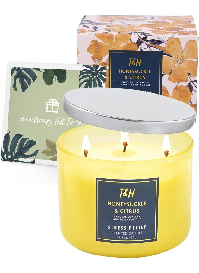 T&H Large 3-Wick Aromatherapy Scented Candles for Home - Honeysuckle Citrus Stress Relief Candle with Grapefruit & Mint - Natural Soy Candles Clean Burning - Relaxing Candle for Women & Men