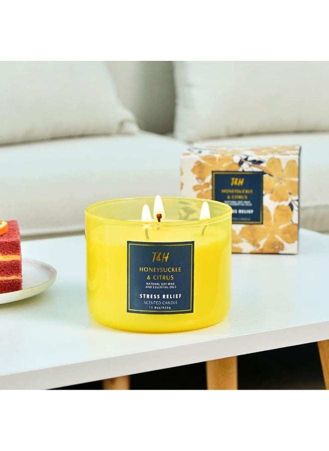 T&H Large 3-Wick Aromatherapy Scented Candles for Home - Honeysuckle Citrus Stress Relief Candle with Grapefruit & Mint - Natural Soy Candles Clean Burning - Relaxing Candle for Women & Men
