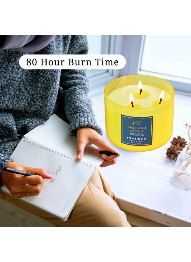 T&H Large 3-Wick Aromatherapy Scented Candles for Home - Honeysuckle Citrus Stress Relief Candle with Grapefruit & Mint - Natural Soy Candles Clean Burning - Relaxing Candle for Women & Men