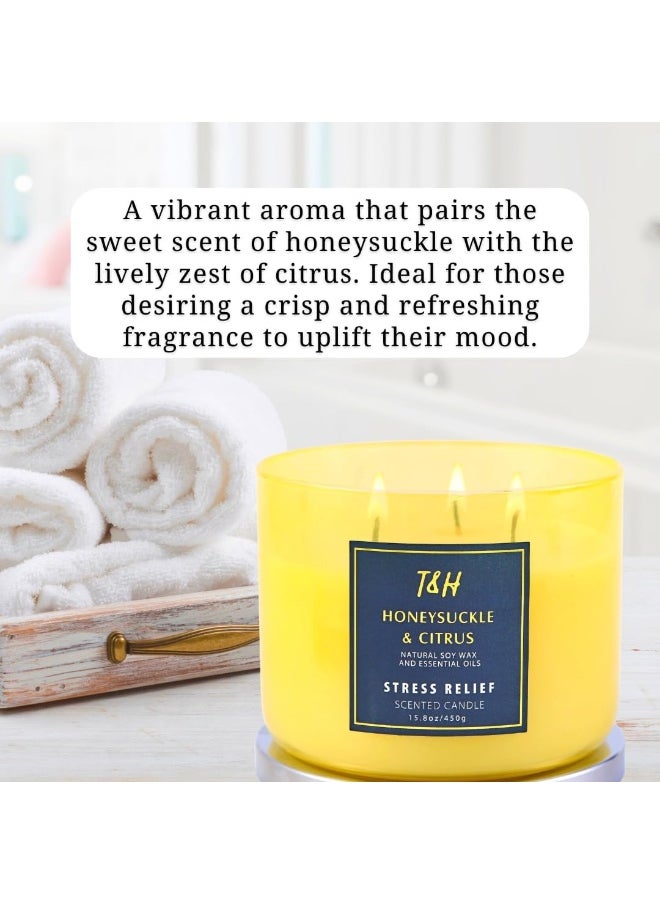 T&H Large 3-Wick Aromatherapy Scented Candles for Home - Honeysuckle Citrus Stress Relief Candle with Grapefruit & Mint - Natural Soy Candles Clean Burning - Relaxing Candle for Women & Men