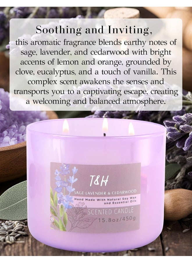 T&H Sage Lavender Cedarwood 3-Wick Candle | Large Scented Candle for Home | Calming Fall & Winter Scented Candle | Aromatherapy Lavender Woods Candles for Men & Women 15.8 oz | Sage Citrus Soy Candle