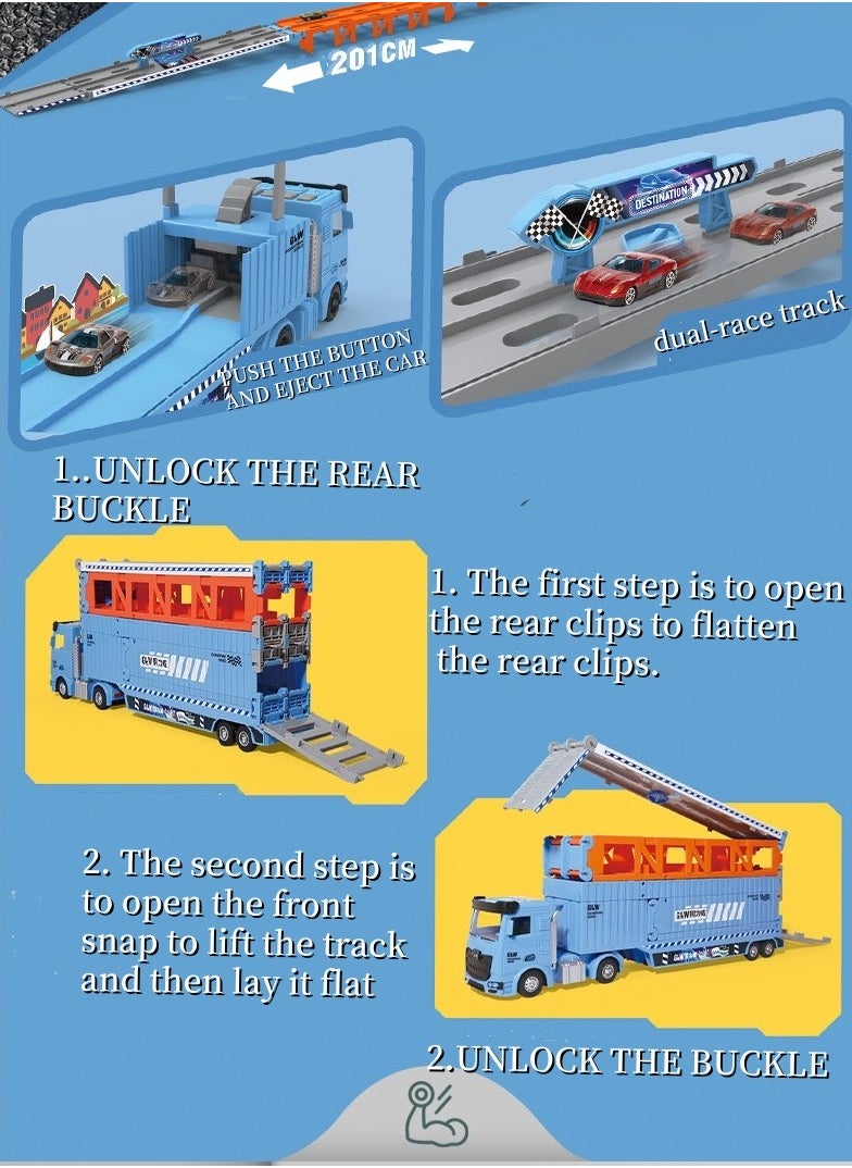 Folding Catapult Racing Car, 8PCS Alloy Car, Container Transportation Vehicle, Sounds and Lights, Foldable Track Toy Car for Boys and Girls, 3+ Years Old