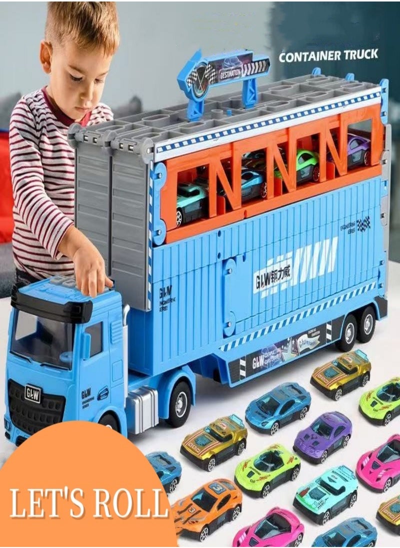 Folding Catapult Racing Car, 8PCS Alloy Car, Container Transportation Vehicle, Sounds and Lights, Foldable Track Toy Car for Boys and Girls, 3+ Years Old
