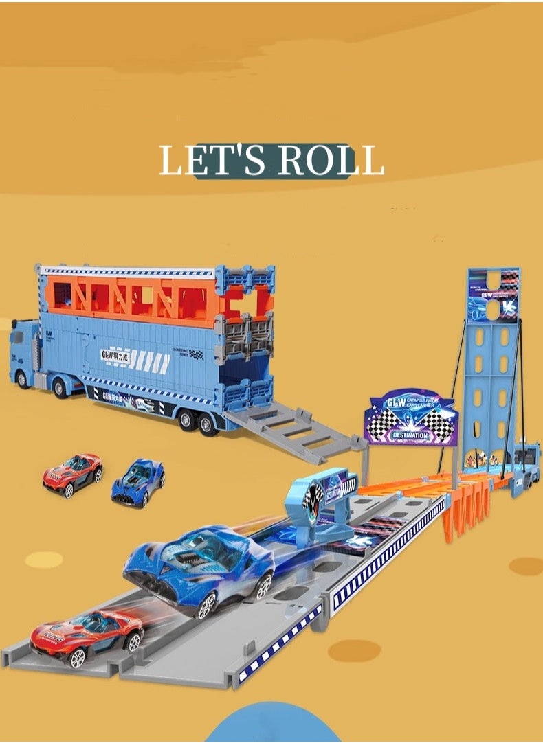 Folding Catapult Racing Car, 8PCS Alloy Car, Container Transportation Vehicle, Sounds and Lights, Foldable Track Toy Car for Boys and Girls, 3+ Years Old