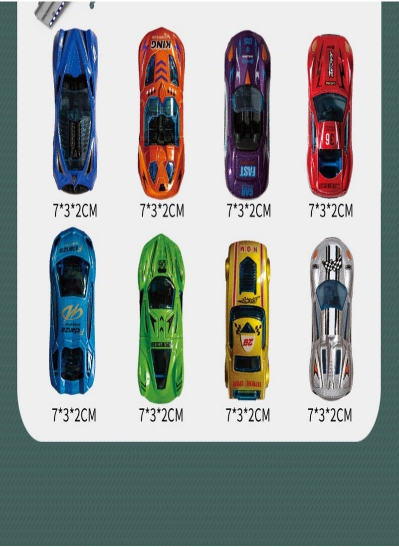 Folding Catapult Racing Car, 8PCS Alloy Car, Container Transportation Vehicle, Sounds and Lights, Foldable Track Toy Car for Boys and Girls, 3+ Years Old