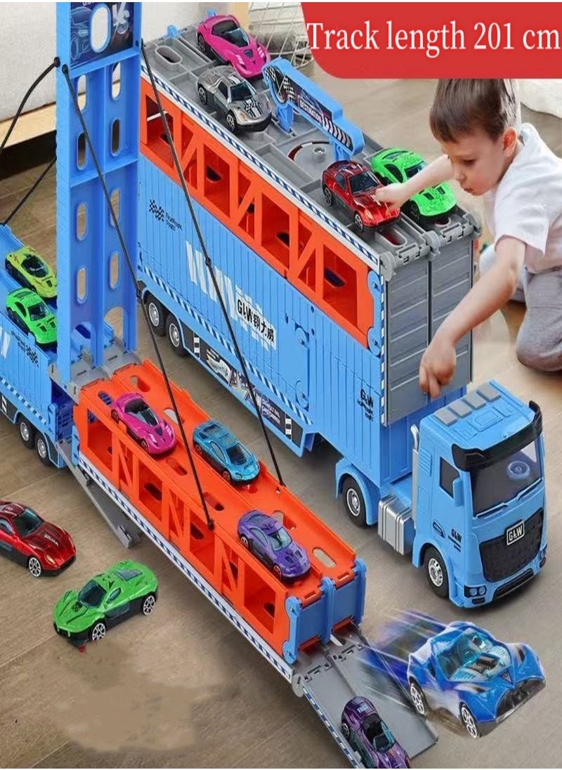Folding Catapult Racing Car, 8PCS Alloy Car, Container Transportation Vehicle, Sounds and Lights, Foldable Track Toy Car for Boys and Girls, 3+ Years Old
