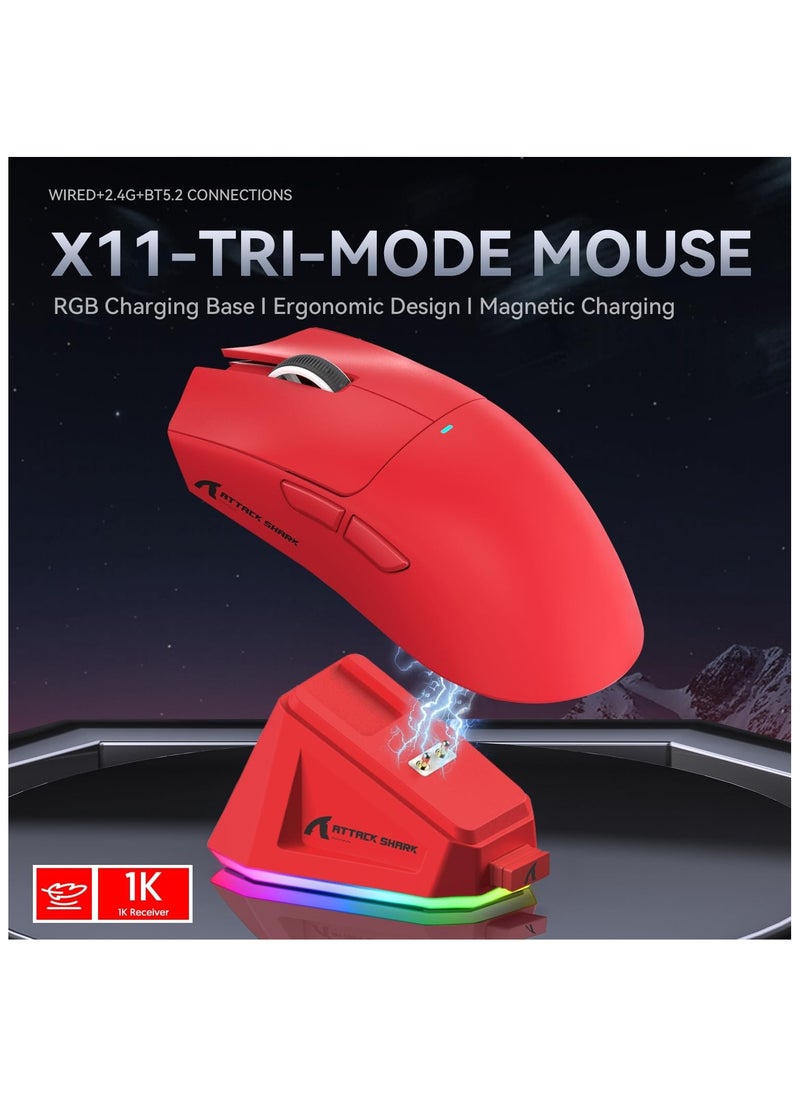 Attack Shark X11 Gaming Mouse with Magnetic Charging Dock, PixArt PAW3311 Gaming Sensor, BT/2.4G Wireless/Wired Gaming Mouse with Mouse Grip Tape, 22000 DPI, Gamer Mice for Win11/Xbox/PS/Mac (Red)