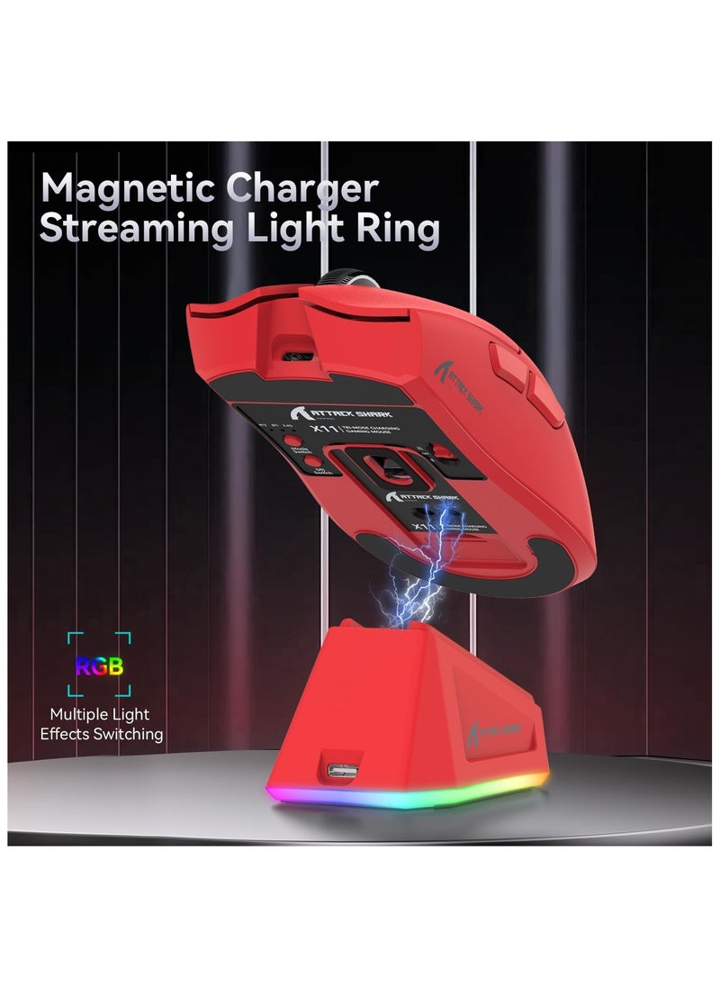 Attack Shark X11 Gaming Mouse with Magnetic Charging Dock, PixArt PAW3311 Gaming Sensor, BT/2.4G Wireless/Wired Gaming Mouse with Mouse Grip Tape, 22000 DPI, Gamer Mice for Win11/Xbox/PS/Mac (Red)