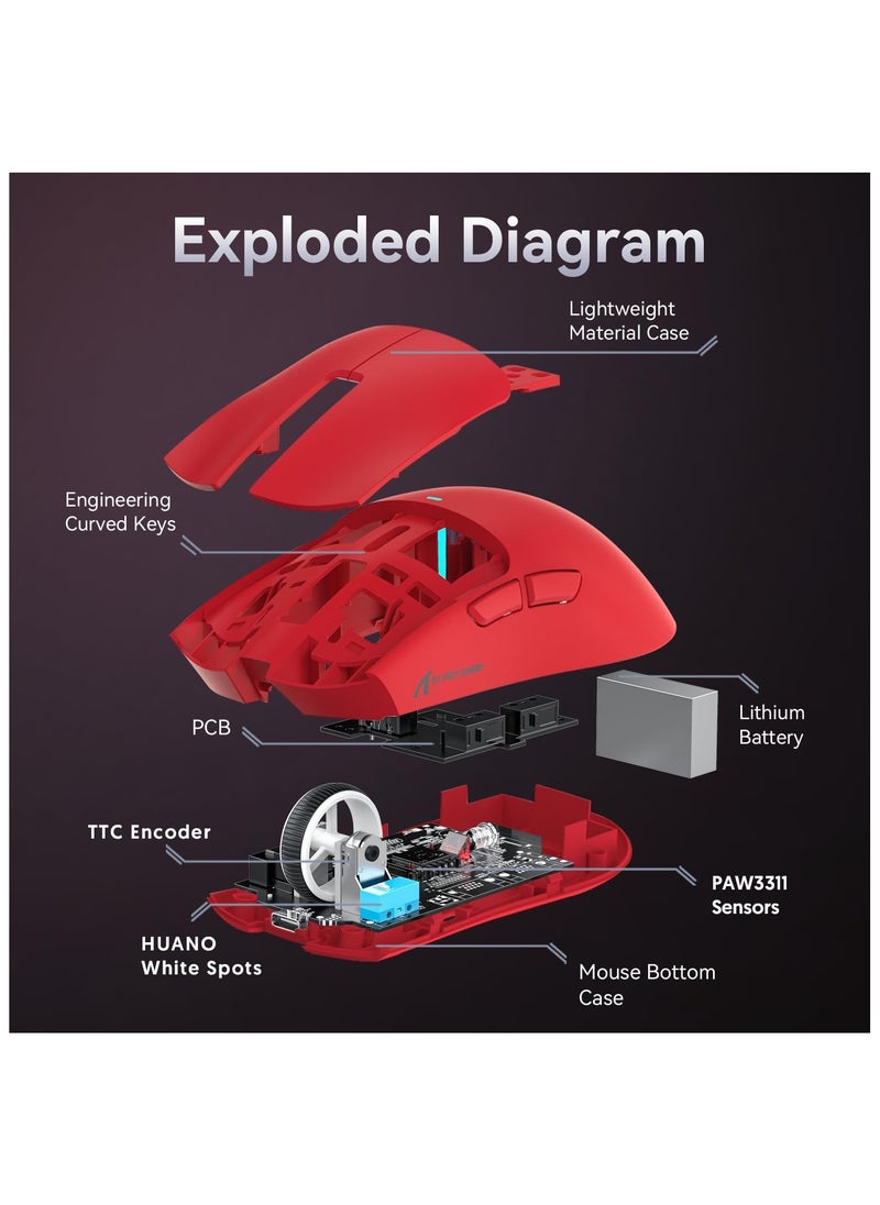 Attack Shark X11 Gaming Mouse with Magnetic Charging Dock, PixArt PAW3311 Gaming Sensor, BT/2.4G Wireless/Wired Gaming Mouse with Mouse Grip Tape, 22000 DPI, Gamer Mice for Win11/Xbox/PS/Mac (Red)
