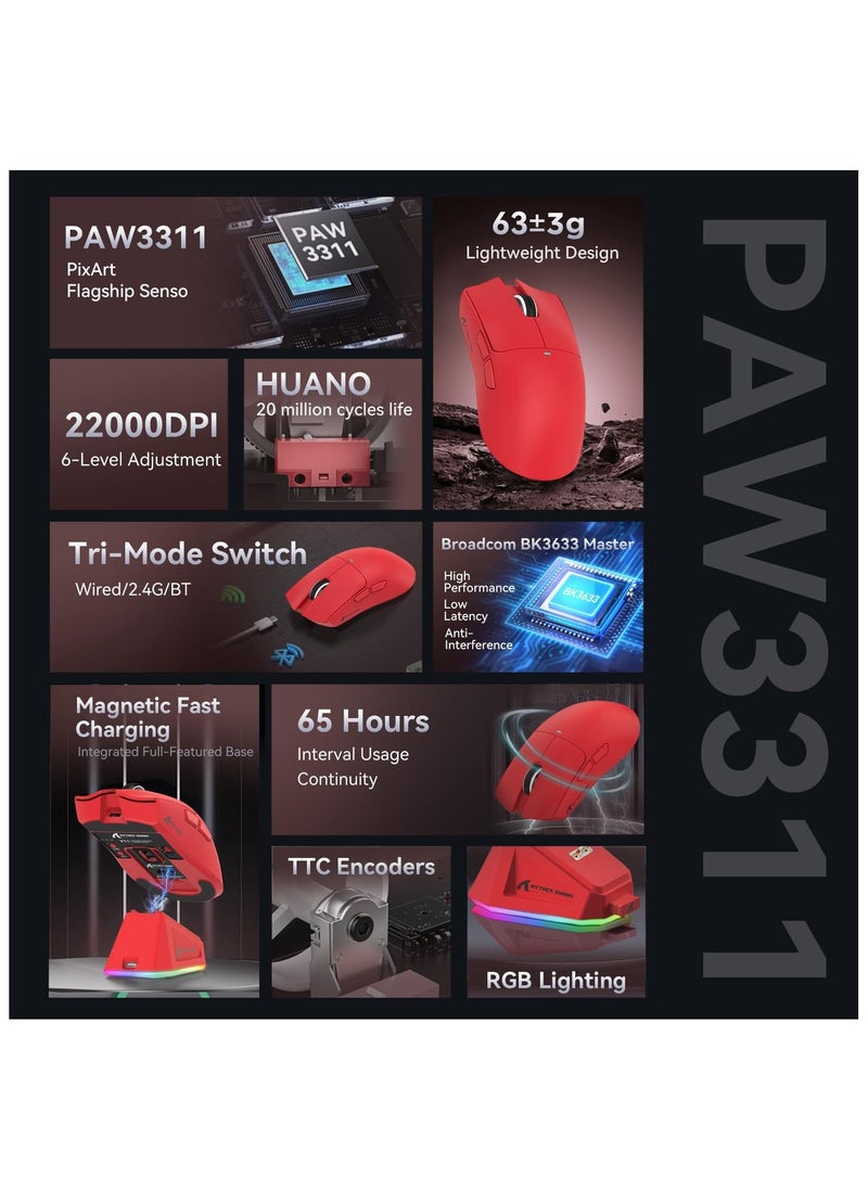 Attack Shark X11 Gaming Mouse with Magnetic Charging Dock, PixArt PAW3311 Gaming Sensor, BT/2.4G Wireless/Wired Gaming Mouse with Mouse Grip Tape, 22000 DPI, Gamer Mice for Win11/Xbox/PS/Mac (Red)