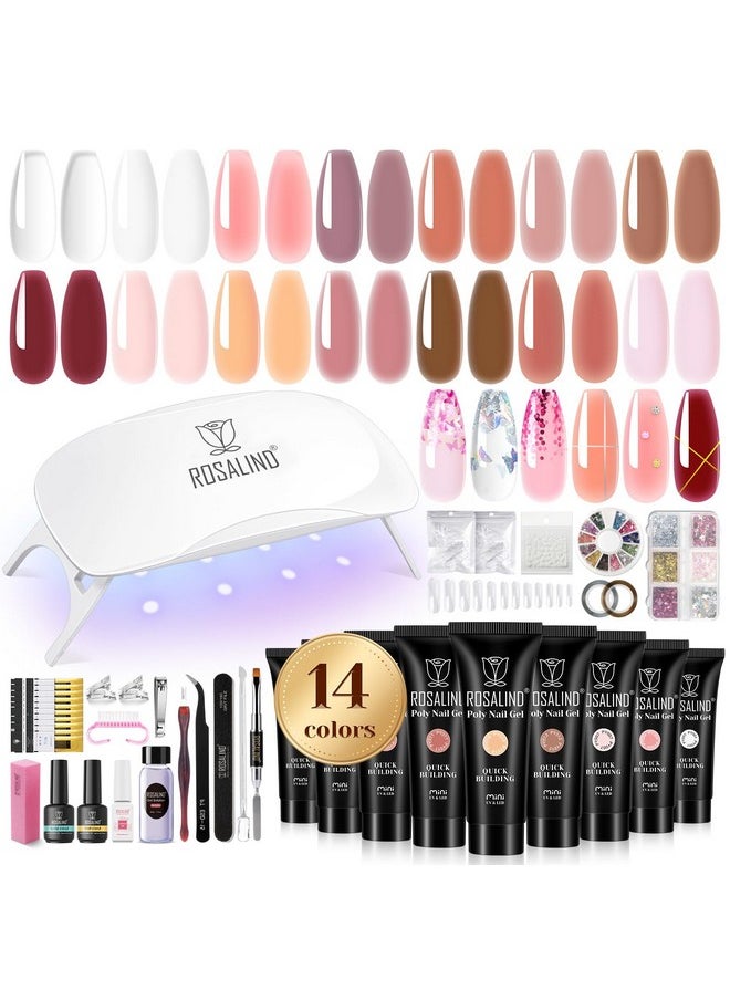 ROSALIND Poly Nail Gel Kit -14 Colors +72 Nail Art Accessories kit Clear Nude Poly Nails Gel Kit Starter Kit with Mini UV Lamp Slip Solution Basic Poly Nail Gel Nail Kit for Beginners with Everything