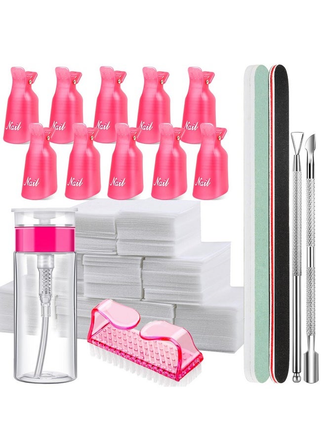FANDAMEI Nail Polish Gel Remover Tools Kit with Nail Clips, 100ml Nail Polish Remover Bottle, 500 Nail Remover Cotton Pad, Nail Brush, Cuticle Pusher/Peeler, 100/180 Nail File,Buffer Block