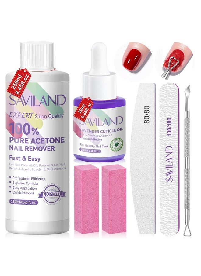 SAVILAND 100% Acetone Nail Polish Remover Kit: Ultra-Powerful Gel Remover with Cuticle Oil Rich in Castor Oil & VE for Repairing Nail, Nail File Buffer Tools for Dip Acrylic Remove Home Salon 8.45 Oz