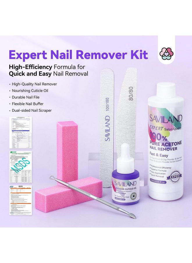 SAVILAND 100% Acetone Nail Polish Remover Kit: Ultra-Powerful Gel Remover with Cuticle Oil Rich in Castor Oil & VE for Repairing Nail, Nail File Buffer Tools for Dip Acrylic Remove Home Salon 8.45 Oz