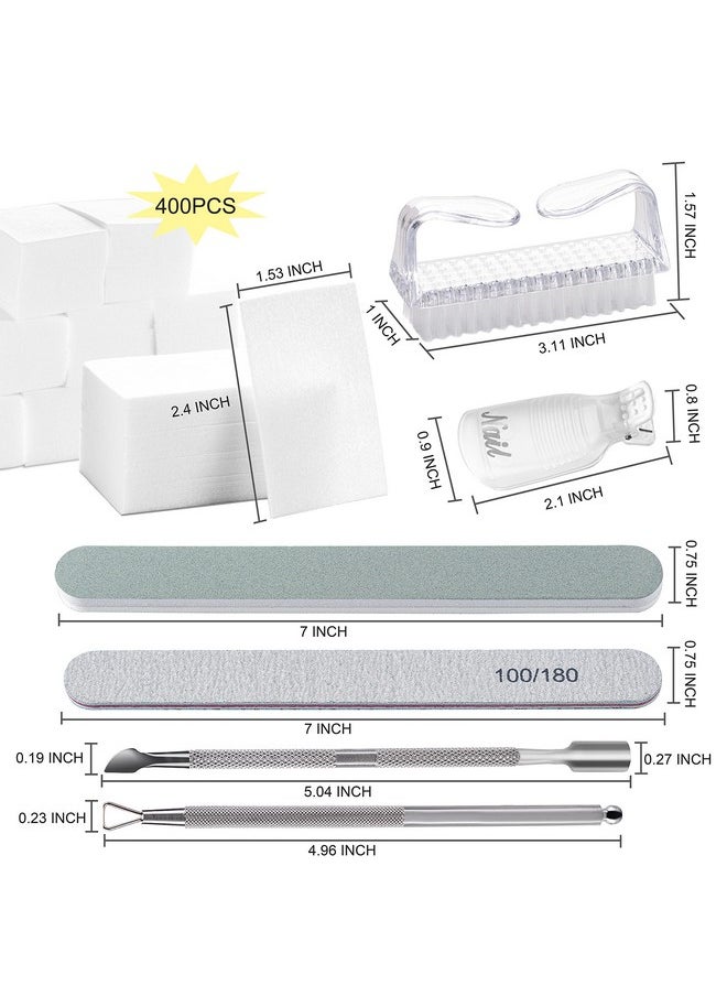 Gel Nail Polish Remover Tools Kit, with 10 Pcs Nail Clips, 400 Pcs Lint Free Nail Wipes, Nail Files 100/180, Buffer Block 400/4000, Nail Brush, Cuticle Pusher& Peeler (Clear)