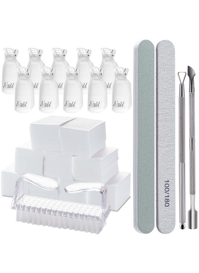 Gel Nail Polish Remover Tools Kit, with 10 Pcs Nail Clips, 400 Pcs Lint Free Nail Wipes, Nail Files 100/180, Buffer Block 400/4000, Nail Brush, Cuticle Pusher& Peeler (Clear)