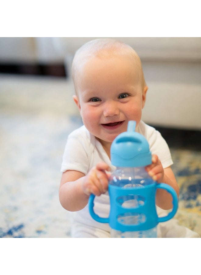 Dr. Brown's Milestones Wide-Neck Sippy Straw Bottle with 100% Silicone Handles and Weighted Straw, 9 oz/270 mL, Blue, 6m+